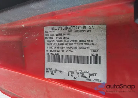 2000 Ford Mustang из США, поврежденный, VIN 1FAFP4040YF125706